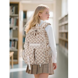 School Backpack for Teen Girls Checkered Bookbags Elementary High School Laptop Bags Women Travel Daypacks, Brown/White