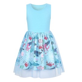 Big Girls Summer Dress Size 10-12 Cute Sea Creatures Print Blue Shirt Dresses Knee Length Sleeveless Sundresses
