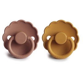 FRIGG Daisy Natural Rubber Baby Pacifier | Made in Denmark | BPA-Free (Rose Gold/Honey Gold, 6-18 Months) 2-Pack