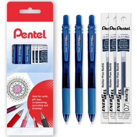 Pentel Energel X BL107 Retractable Gel Rollerball Pens - 0.7mm Nib - Pack of 3 + 3 Refills - in Gift Box - Navy Blue Ink