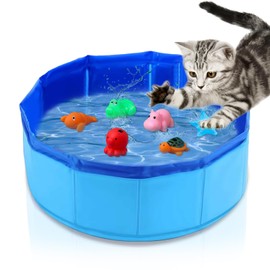 Cat Water Toy with 6 Floating Fish - Interactive Water Play Pool for Bored Indoor Cats – Foldable Enrichment Toy for Self Play, Bathing, Cooling & Hydration Fun