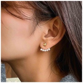 Yheakne Boho Pearl Ear Jacket Earrings Gold Heart Stud Earrings Love Heart Earrings Vintage Double Sided Stud Earrings Jewellery for Women and Girls Gifts, Alloy Steel