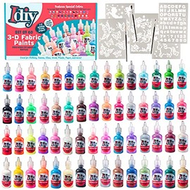 IDIY Fabric Paints, Set of 60 Colors - Bright 3D Fabric Paint - Includes Glitter, Metallic, Glow, Neon, 5 Stencils, 3 Brushes, Non-Toxic Water-Based - Craft, Gift, Project