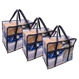 3-Pack Clear Vinyl Moving Bags 15x18x9 with Dual Zipper, Handles & Display Pocket for Storage Organization