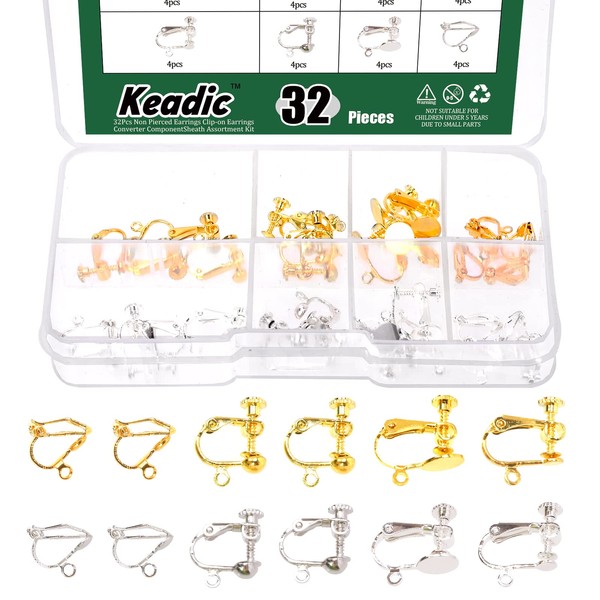 Keadic 32pcs 4 Style Clip-on Earrings Converter Components with Post