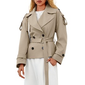 Tankaneo Womens Cropped Trench Coat Casual Double Breasted Short Jacket Fall Fashion Outerwear with Belt