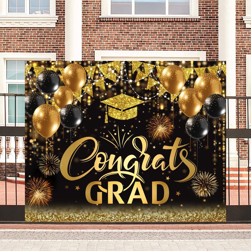 10x8ft Graduation Backdrop 2026 Congrats Grad Banner Black and Gold