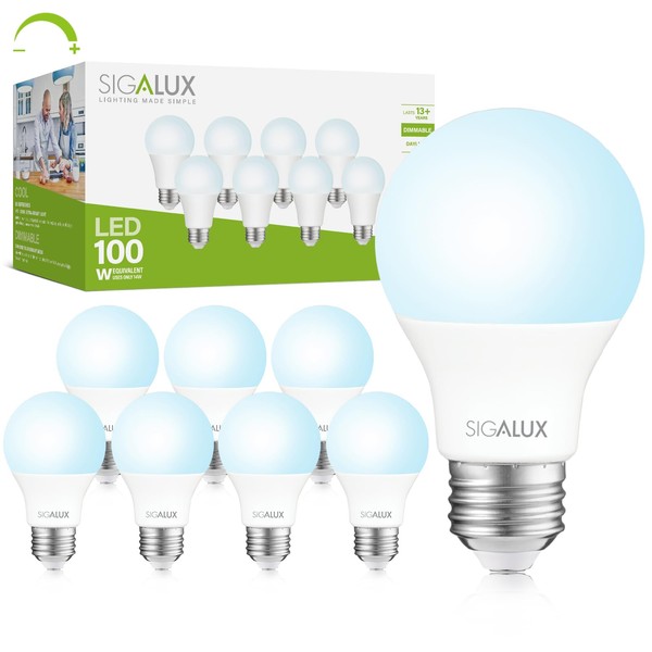 Sigalux A19 Daylight Standard LED Bulbs 100 Watt Equivalent,Dimmable 5000K