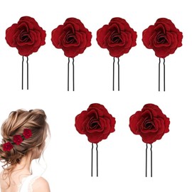 BOBOZHONG Rose Hair Clip,6 Pieces Red Rose Floral Clips Flower Hairpin Rose Flower Hair Accessories U Shaped Bridal Head Pins Sticks Wedding Bridesmaids for Party Wedding Handmade Bridal Accessory