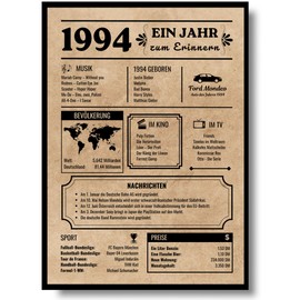 EQUIK PRODUCTS Anniversary Poster 30 Years | Gift 30th Birthday | Vintage Poster in German | Birth Year 1994 | 30th Birthday Women | 30th Birthday Men | Back in 1994
