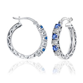 LeCalla Sterling Silver Jewelry 0.04 Carat Diamond Gemstone Hoop Earrings for Women (3 MM Blue Sapphire)