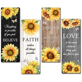 Zmyollo Inspirational Wall Decor Sign, 4 Pieces Sunflower Wooden Sign With Rope, Believe Dreams Faith Love Wall Art Decor For Home Bedroom Bathroom Living Room, Artwork Gifts For Family Friend, B22