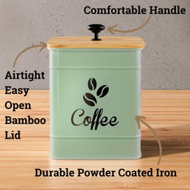 Airtight Coffee Canister - 40 oz Large Iron Sage Green Container Airtight - 6 x 8 inch Metal Jar - Stylish Countertop Container for Coffee Grounds, Beans & Pods with Rubber-Lined Bamboo Lid