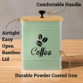 Airtight Coffee Canister - 40 oz Large Iron Sage Green Container Airtight - 6 x 8 inch Metal Jar - Stylish Countertop Container for Coffee Grounds, Beans & Pods with Rubber-Lined Bamboo Lid