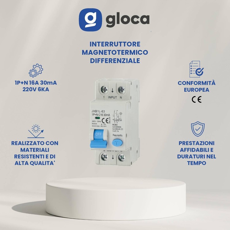 gloca Interruttore Magnetotermico Differenziale 2P 30mA 220V 4.5KA 2 Moduli