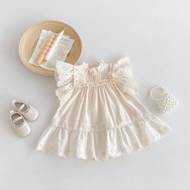 Summer Girls’ Cotton-Linen Princess Dress with Lace Trim and Flutter Sleeves (US, Age, 18 Months, 24 Months, Apricot)
