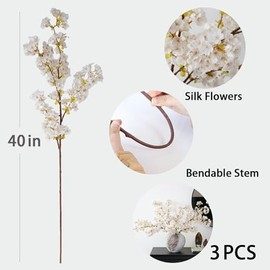 mizii - 3 ramas artificiales de flor de cerezo blanco de 40 pulgadas, flores de cerezo de seda falsas con tallo largo para decoraciones de boda, centros de mesa, arreglo de jarrón, decoración del