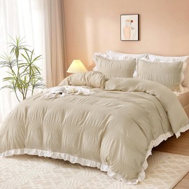 Guchuang Bedding Duvet Cover Set Double Size, Beige Seersucker & Ruffled Design 3-Piece Bedding Set - Soft Microfiber, Wrinkle-Resistant & Decorative Duvet Cover with Hidden Zipper (Double, 200x200cm)
