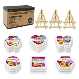 24Pack Stretched Canvas for Painting, 100% Cotton Art Canvases with Easel for Painting, 5/8 Inch Profile 8 Ounce Acid-Free Painting Canvas Supplies for Acrylics,Oils & Other Painting Media - 20cm