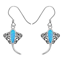 Kissdove Blue Manta Ray Sterling Silver Earrings for Women - Ocean-Inspired Hook Earrings with Adjustable 18-20 Inch Silver Chain, Gift Box Included