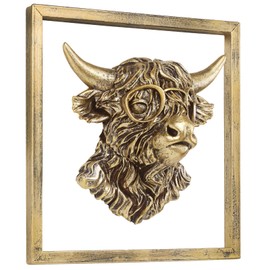 Animal Heads Wall Decor (Includes Metal Frame) Resin Animals Sculptures Head Wall Hanging Decoration Gold vintage Wall Sculpture for Living Room Bedroom Office(Highland cattle)