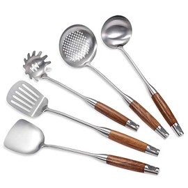 Utensil Sets, Kitchen Utensil Set, IQCWOOD 5 Piece Stainless Steel Cooking Utensils Set, Spaghetti Server Kitchen Tool Set, Kitchen Gadgets Wood Cooking Spatula Set for Kitchen