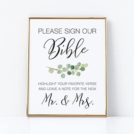 Bible Guestbook Sign for Wedding | (1) 8x10 Watercolor Eucalyptus Greenery on Thick Cardstock Paper | Please Sign Our Bible Guest Book For Reception - NOT FRAMED