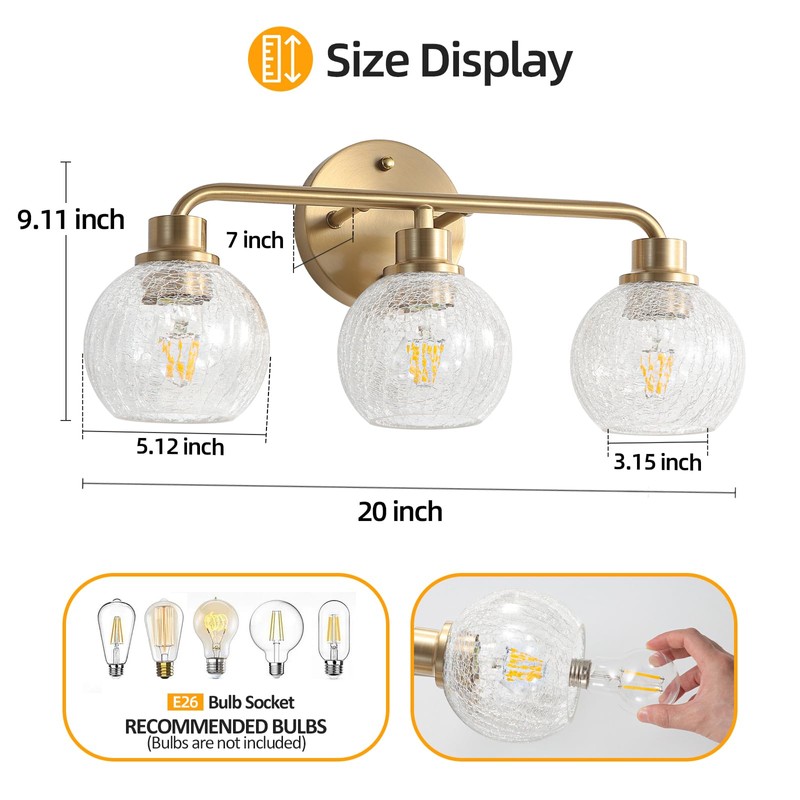 Watyo Bathroom Light Fixtures Gold Vanity Light 3 Light Wall