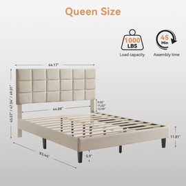 BedsPick Queen Size Bed Frame with Fabric Upholstered Headboard, Bed Frame Queen Size with Solid Wooden Slats Support, No-Noise, Easy Assembly, No Box Spring Needed with 1000LBS, Beige