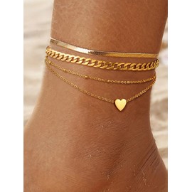 FOCALOOK Gold Ankle Bracelets for Women Stainless Steel Layered Foot Chains Anklets 3PCS Ankle Chians Set Summer Beach Bracelets Adjustable Gold Plated Leg Bracelets 8.5-10.5inch