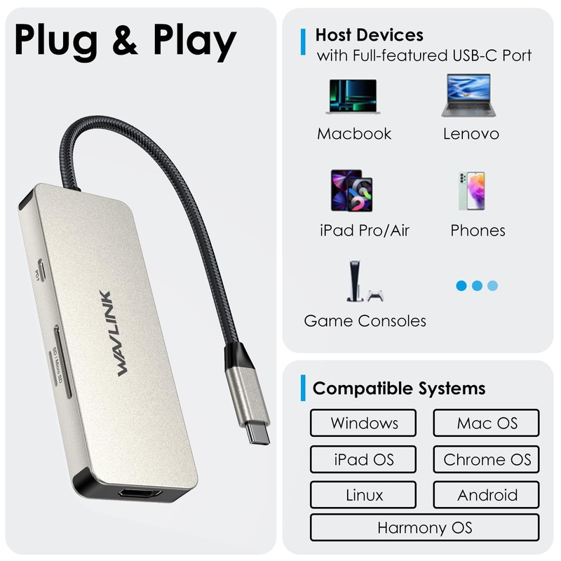 WAVLINK 7-in-1 USB C Docking Station, Multi-Port Adapter, 4K HDMI