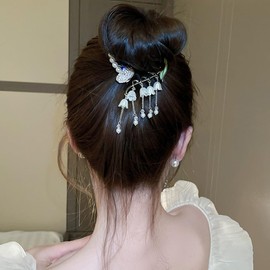 Jumwrit Pearl Ponytail Buckle Hair Clip Crystal Butterfly Flower Tassel Hair Barrette Strong Hold Gold Metal Bun Claw Clip Floral Leaf Cuff Hairpin Fashion Hair Accessories for Women Girls (Style 2)