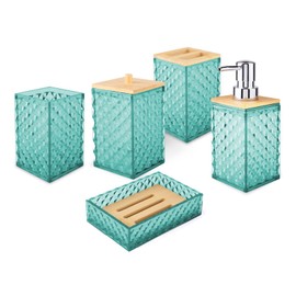 Bathroom Accessory Set, Grid Pattern 5 Pcs Plastic Bathroom Set Include Qtip Holder Dispenser, Soap Dispenser, Soap Dish, Toothbrush Holder, Mousewash Cup, Modern Bathroom Décor Set(Teal)