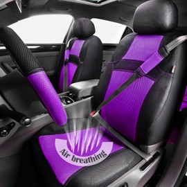 CAR PASS Universal 13PCS 3D Air Mesh-100% Breathable Seat Covers Full Sets, Steering Wheel, Belt Cover Airbag and Rear Split Bench Compatible for 90% Automotive SUV Truck Cute Women Black Purple