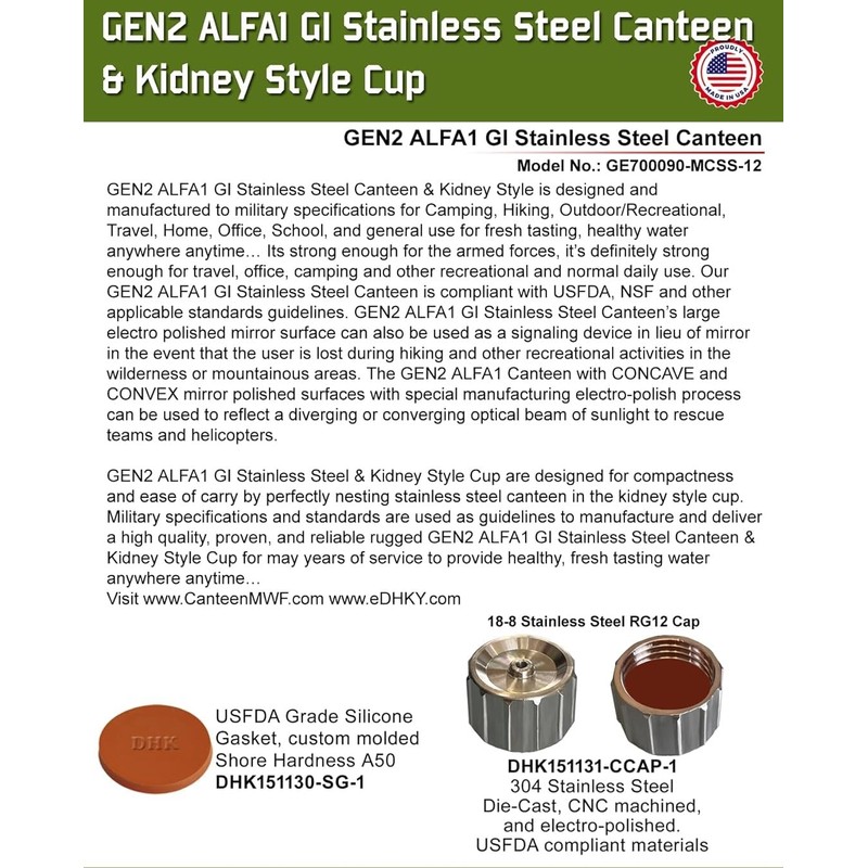 ALFA 1 GI Military Grade Stainless Steel Canteen & Kidney