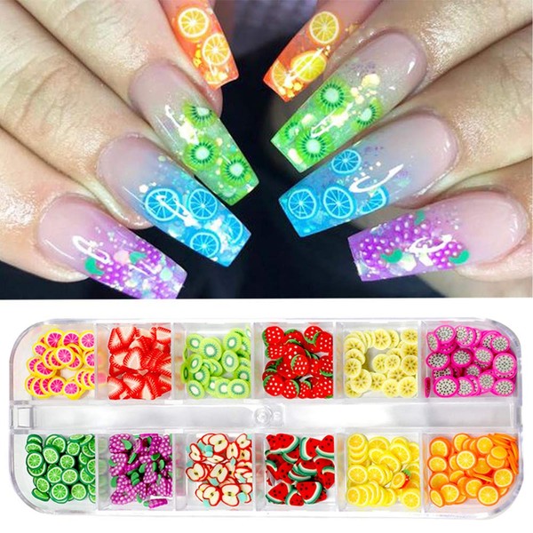 CHANGAR Fruit Nail Art Slices, 3D DIY Nail Art Fimo Slime Supplies Stickers Decoration Colorful Apple Kiwi Fruit Banana Lemon Strawberry Watermelon for DIY Crafts, Nail Art and Cellphone Decoration