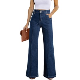 Sidefeel Womens Wide Leg Jeans Casual Baggy High Waisted Stretch Denim Pants Size 12 Deep Blue