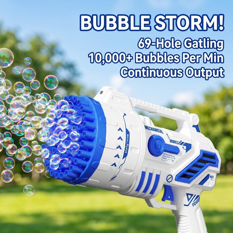 Bubble Gun for Kids, 69-Hole Bubble Blaster with LED Lights,