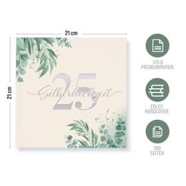 colortouch 25th Wedding Anniversary Guest Book for Parents, Friends or Children with 100 Pages to Fill in, Eucalyptus High Quality Vintage Hardcover Guest Book Record Memories