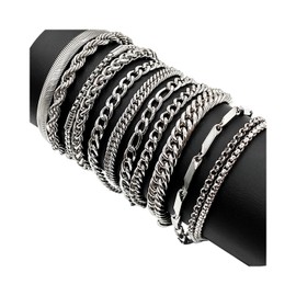 Stainless Steel Chain Bracelet Set, 12 Pieces, 21 cm Length, 3-7 mm Width, Multiple Styles, Silver