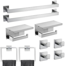 COUOBO 10 Pack Brushed Finish Bathroom Hardware Set - SUS304 Stainless Steel Wall-Mounted Towel Bar, Holder & Racks, 23.6 Inch