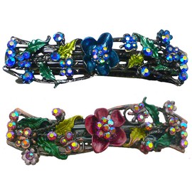 Set of 2 JCGY Medium Size Barrettes Flower and Butterfly Sparkling Crystal Hand Painted Hair Clips for Women U86900-2blue/burgundy