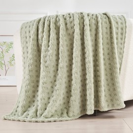 Wajade Fleece Throw Blanket, Fluffy Faux Fur Blanket for Bed Sofa Couch, Soft Warm Thick Blanket,waffle Sage Green-127X178