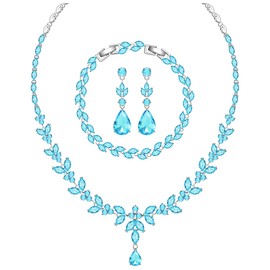 LMXXVJ Created Aquamarine Crsytal Prom Evening Party Jewelry Set for Women,Necklace Earring Bracelet Formal Costume Jewelry Set for Bride Bridesmaid,Silver-Tone