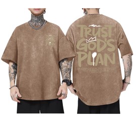 BINTEHGS God Christian T Shirts for Men Jesus Faith Shirt Acid Wash Oversized Tees Bible Verse Graphic Vintage Tshirt(Coffee,2XL)