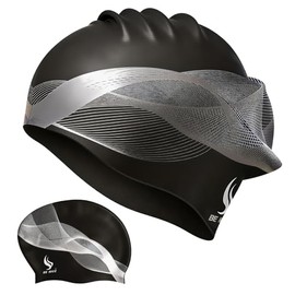 BENICE Gorro de natación extra grande negro para mujeres y hombres, gorro de baño de silicona duradero con protección para las orejas, gorras de natac
