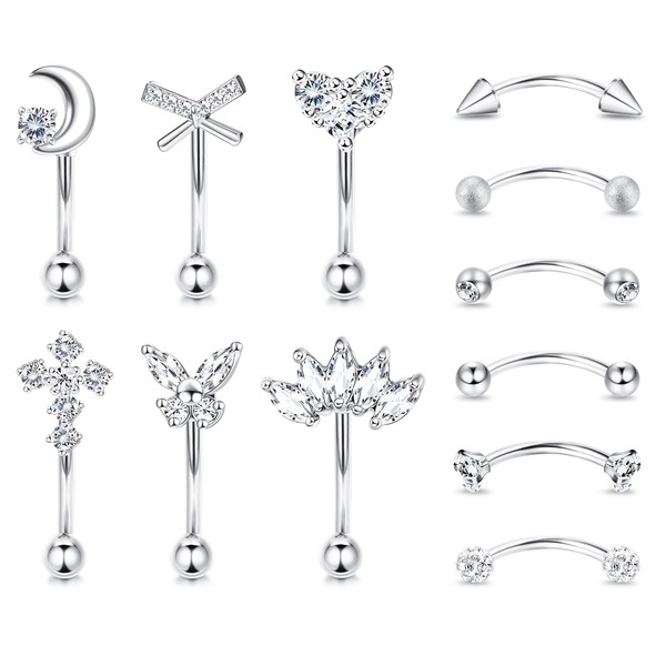 Dochais Pack of 12 Eyebrow Piercing 8 mm, Piercing Curved