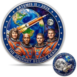 Artemis II Inspired Challenge Coin with Acrylic Case, Double-Sided Deep Space Mission Collectible Coin, Zinc Alloy 3D Relief Token for Space Enthusiasts and Display
