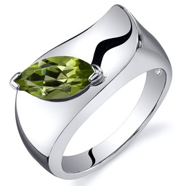 PEORA Peridot Museum Solitaire Ring for Women 925 Sterling Silver, Genuine Gemstone, 1 Carat Marquise Shape 10x5mm, Size 5, Promise, Engagement, Statement Ring, August Birthstone Ring