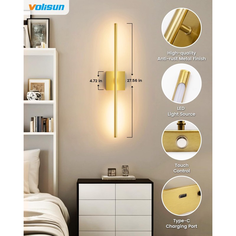 VOLISUN Battery Operated Wall Sconce Set of Two, Gold Rechargeable